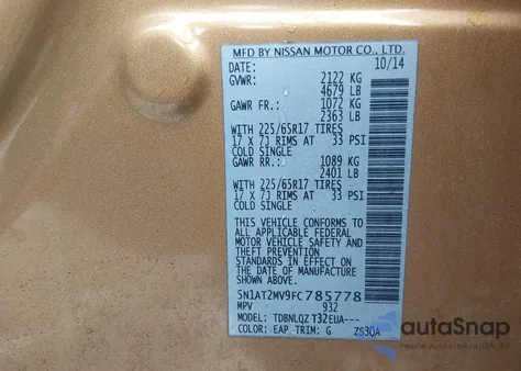 2015 Nissan Rogue Sv z USA, uszkodzony, nr VIN 5N1AT2MV9FC785778